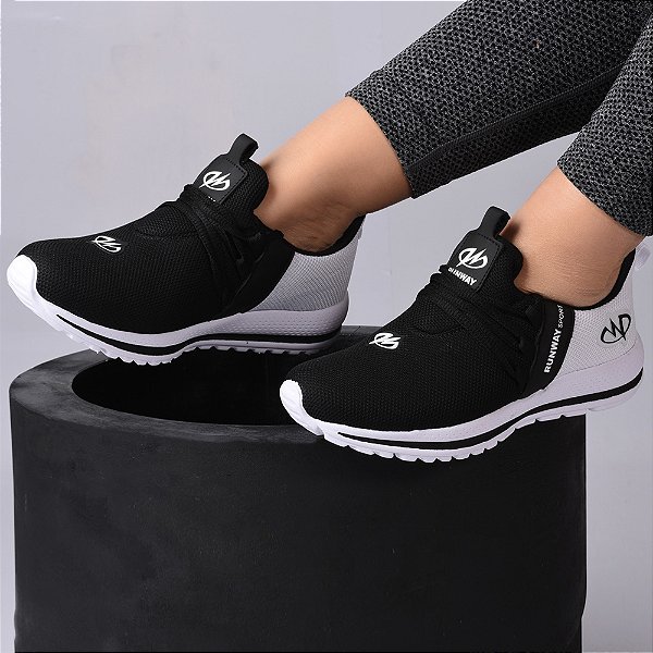 Tênis Esportivo Academia Caminhada Runway Running Feminino - Branco/Preto