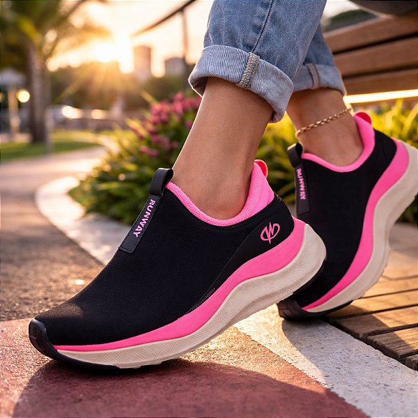 Tênis Feminino Para Caminhada Corrida Academia Runway Easy - Preto Pink