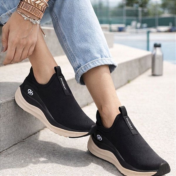 Tênis Feminino Para Caminhada Corrida Academia Runway Easy - Preto Branco
