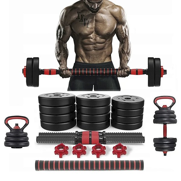 Kit Peso Halter Barra Dumbell Kettlebell 20Kg Academia Musculaçao 6 Em 1 Funcional Treino Cross Fitness