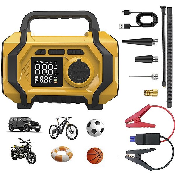 Compressor Ar Chupeta Auxiliar Partida Carro Infla Pneu Bike Moto Bicicleta Luz Led Carregador Portatil Multiuso