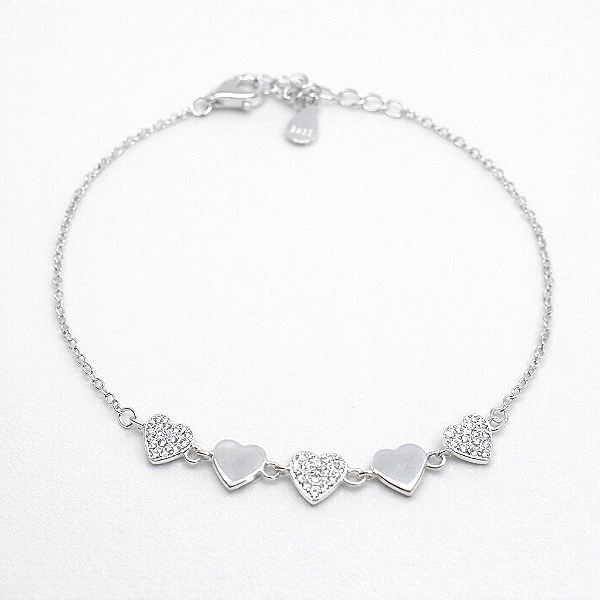 Pulseira corações com zircônias – Prata 925