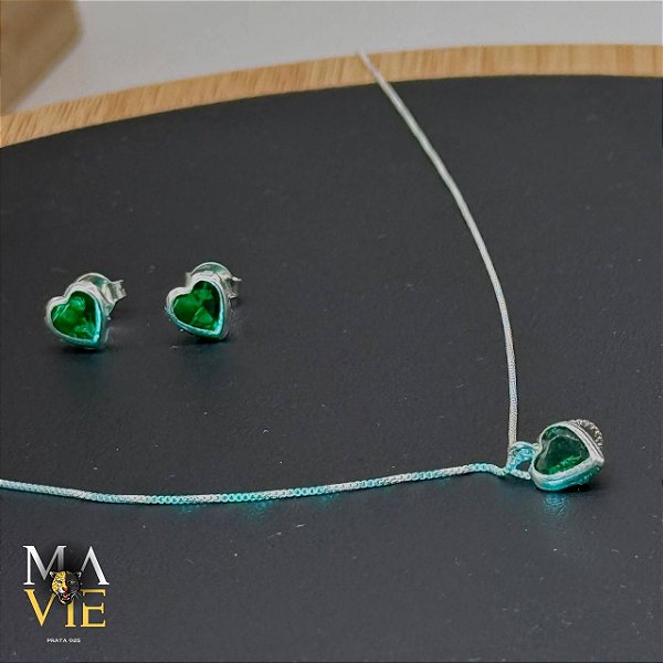 Trio colar pingente 45cm+ brincos verde oliva prata 925