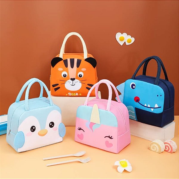 Bolsa Térmica Infantil Lancheira Escolar Marmita C/ Alça Estampas Animais Fofos 3D.