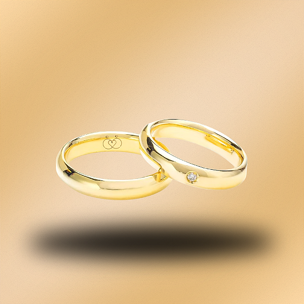 PAR DE ALIANÇAS DE CASAMENTO, OURO 18K, 4MM,ANATÔMICA COM PONTO DE LUZ