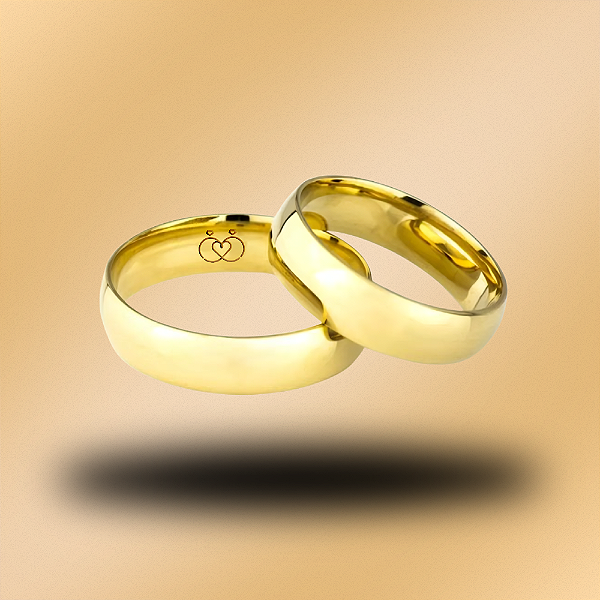 PAR DE ALIANÇAS DE CASAMENTO, OURO 18K, SEMI ANATOMICA, 5,0MM