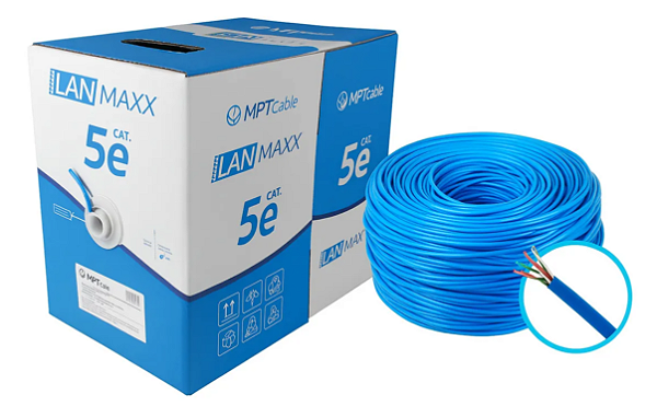 Caixa Cabo de Rede Cat5e MPT Lan Maxx 305 Metros 4 Pares Trançado UTP 100% Cobre CMX 24 AWG Cor Azul