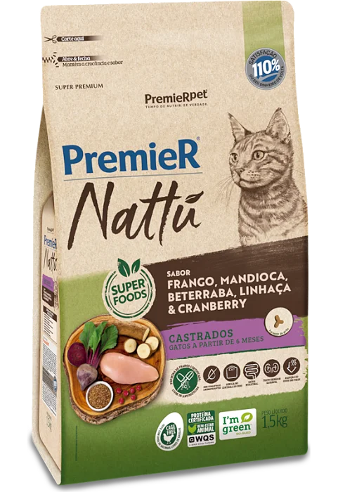 PREMIER NATTU GATO CASTRADO MANDIOCA 7,5KG