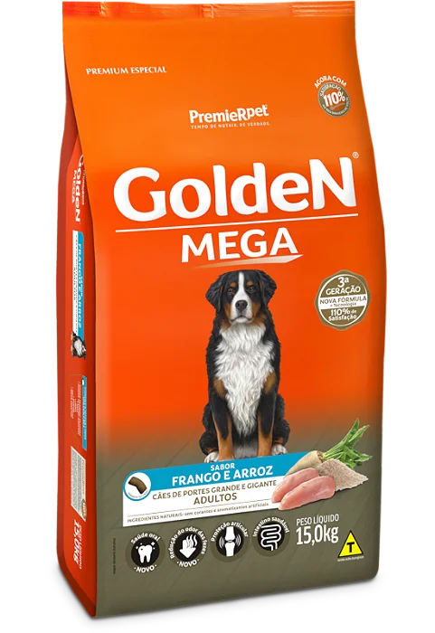 GOLDEN MEGA ADULTO CÃES GRANDE E GIGANTES FRANGO E ARROZ 15KG