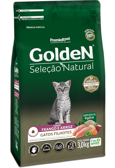 GOLDEN SELEÇÃO NATURAL GATOS FILHOTES FRANGO E ARROZ 3KG