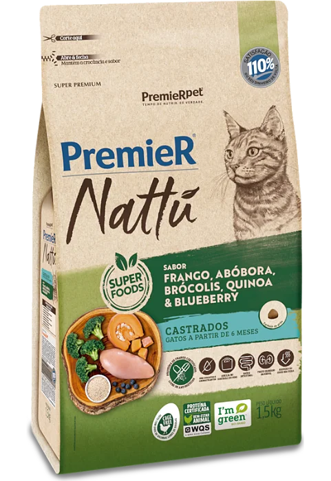 PREMIER GATOS NATTU CASTRADO FRANGO ABOBORA E BROCOLIS 7,5KG