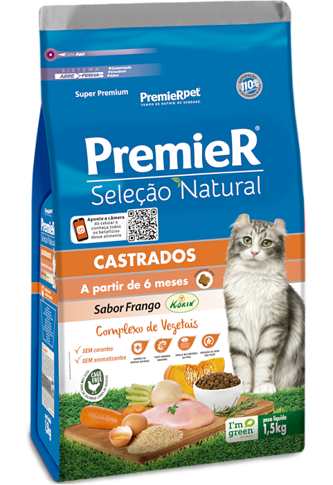 PREMIER GATOS CASTRADO SELEÇÃO NATURAL FRANGO KORIN 7,5KG