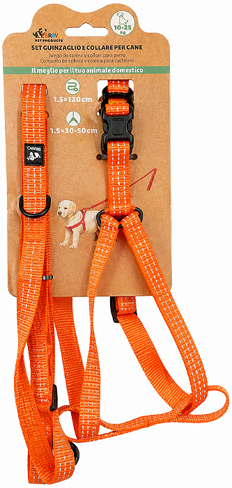 Conjunto Peitoral + Guia para Cães Laranja - 10 a 25kg
