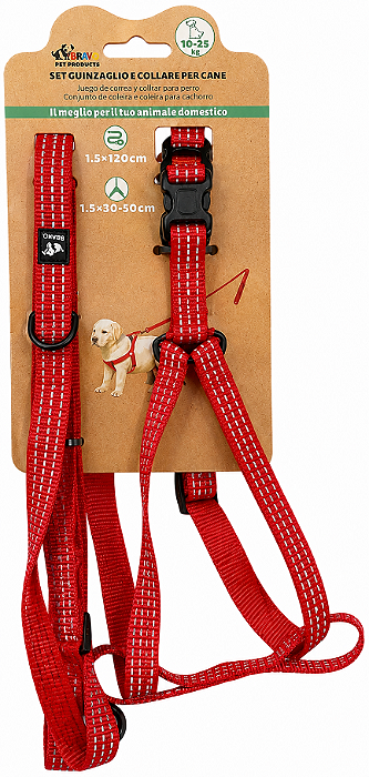 Conjunto Peitoral + Guia para Cães Vermelho Listra - 10 a 25kg