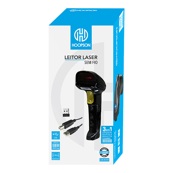 Leitor de Código de Barras Laser de Mão Hoopson LCB-003W Sem Fio - lê Nota Fiscal Eletrônica Boleto Bancário