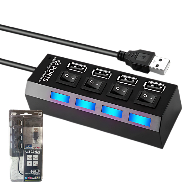 Hub USB 2.0 4 Portas com LED e Interruptor individual Hoopson Preto - HUB-004
