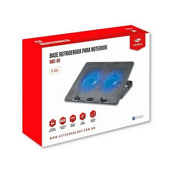 Base para Notebook até 15,6 Polegadas Preto com 2 Cooler e Porta USB C3tech - NBC-50BK