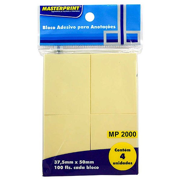 Bloco de Notas Adesivo 37,5x50mm com 4 Blocos de 100 Folhas Amarelo - Masterprint - MP2000