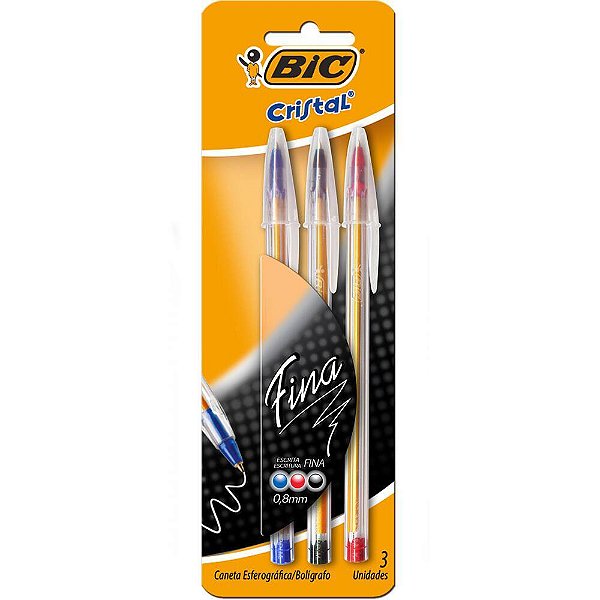 CANETA CRISTAL FINA 0.8MM CORES SORTIDA C/3 BIC