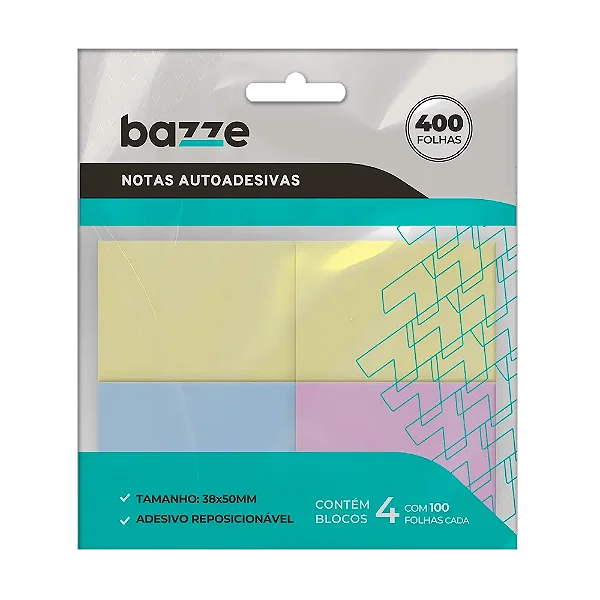 Bloco de Notas Adesivo - 38mm X 50mm - Polybag C/4 Blocos x 100 Folhas - Bazze