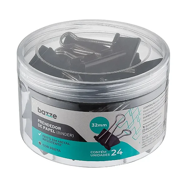 Prendedor de Papel - Preto - 32mm - Pote C/24 un - Bazze