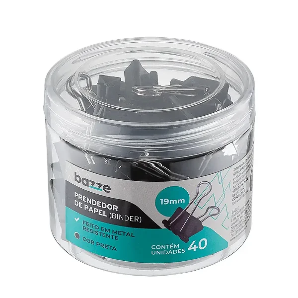 Prendedor de Papel - Preto - 19mm - Pote C/40 un - Bazze