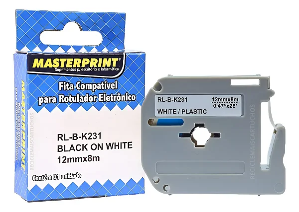 Fita Rotuladora Brother M-K231 12 mm 8 Metros Preto no Branco Masterprint - M-K231