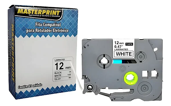 Fita para Rotulador Masterprint TZc-231 TZe-231 TZ-231 12mm x 8m Branco/Preto Compatível para Brother