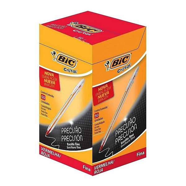 Caneta Esferográfica 0,8mm Cristal Precisão Vermelha - Bic - Caixa com 50 Unidades - 254967