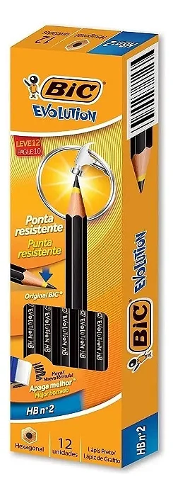 Lápis Preto BIC Evolution, Corpo Hexagonal, Sem Borracha, Grafite HB2, 904329 - CX 12 UN