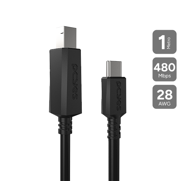 Cabo Para Impressora Dados Usb Tipo-C Para Usb B 2.0 - Preto - 1 Metro - Pucbp-1