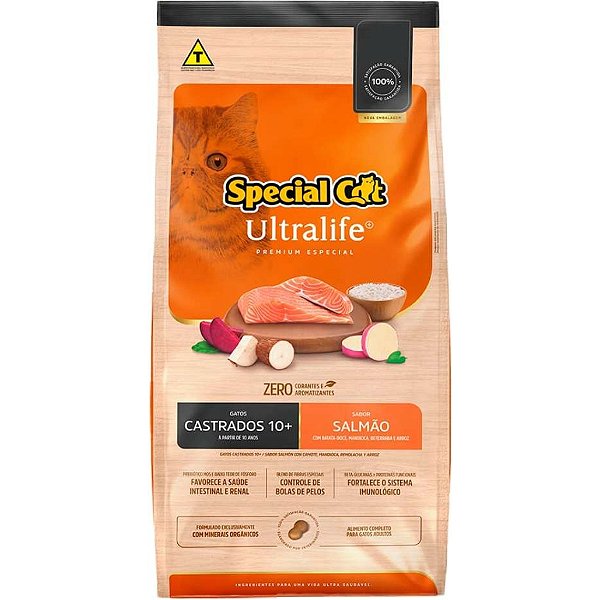 Ração Seca Special Cat Ultralife Salmão e Arroz para Gatos Castrados 10+ 3kg