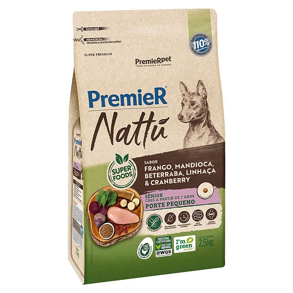Ração Premier Nattu Cães Sênior Mandioca Pequeno Porte 2,5Kg