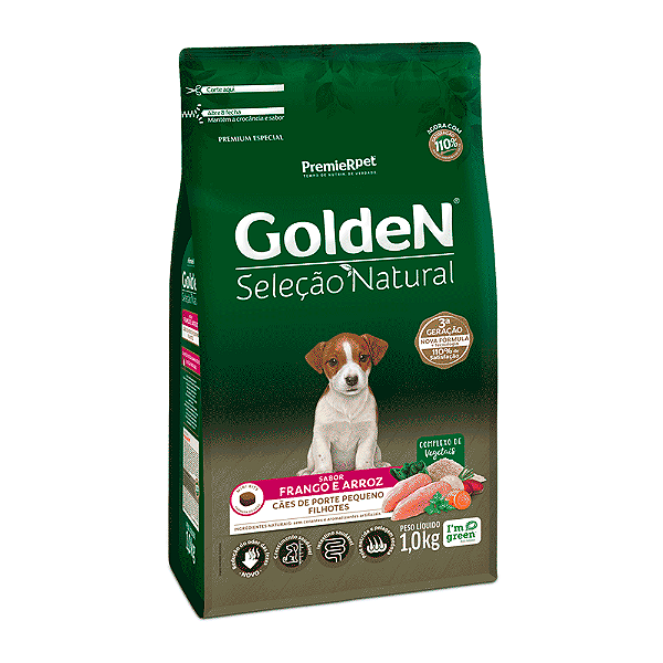 Ração Golden Seleção Natural Cães Filhotes Porte Pequeno Frango e Arroz Mini Bits 1Kg
