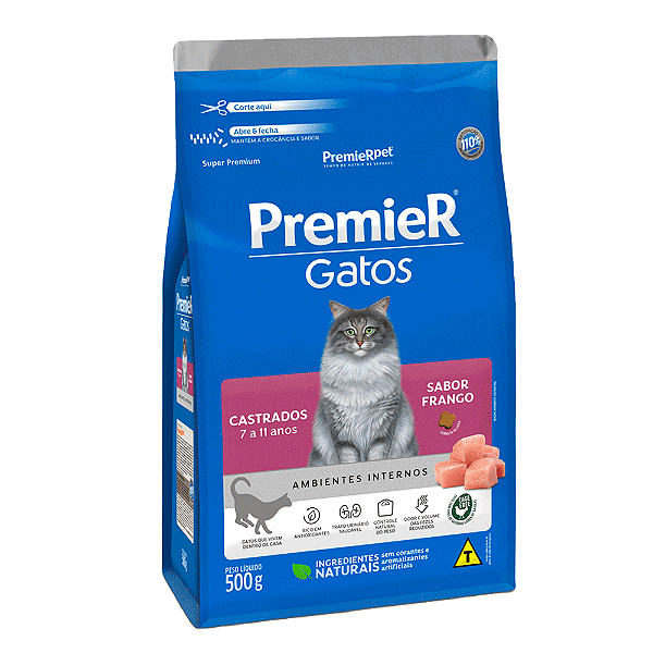Ração Premier Ambientes Internos Gatos Castrados Frango 500g