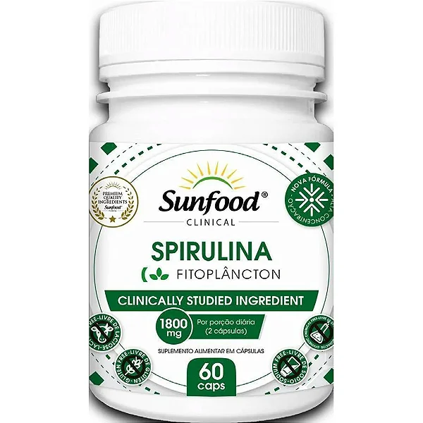 Spirulina Fitoplancton 1800Mg 60 Cápsulas Sunfood Clinical - Branco
