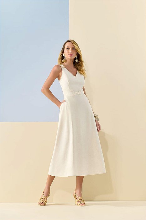 Vestido Linho Fivelas Pedra