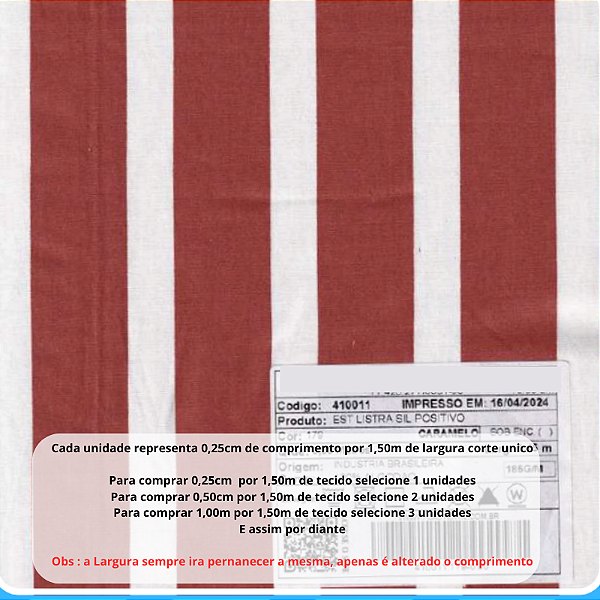 Tecido Tricoline Listrado Caramelo 100% algodão pré lavado - 0,25 cm por 1,50 m