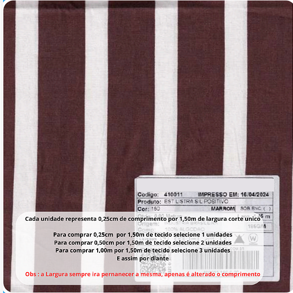 Tecido Tricoline Listrado  Marrom 100% algodão pré lavado - 0,25 cm por 1,50 m