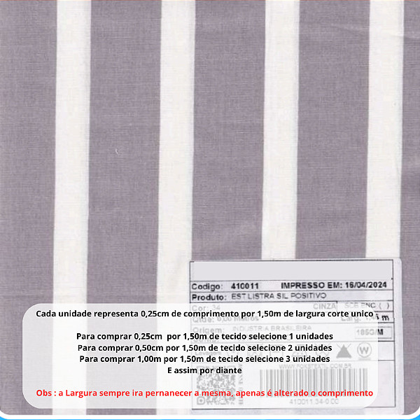 Tecido Tricoline Listrado Cinza 100% algodão pré lavado - 0,25 cm por 1,50 m