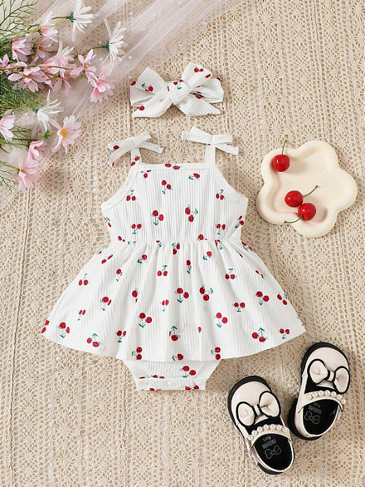 Macacão casual de verão para bebê menina com estampa de cereja e alças