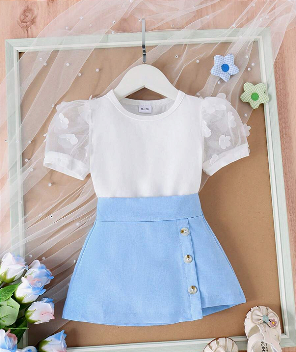 CONJUNTO PREMIUM SAIA E BLUSA MANGA CURTA BUFANTE