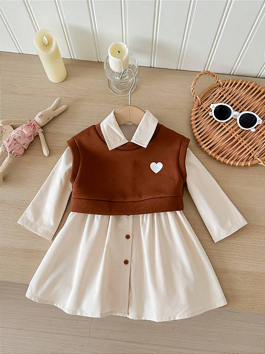 2 Peças Conjunto de Vestido de Manga Longa com Lapela Elegante e Regata de coração para Bebê Menina Outono/Inverno