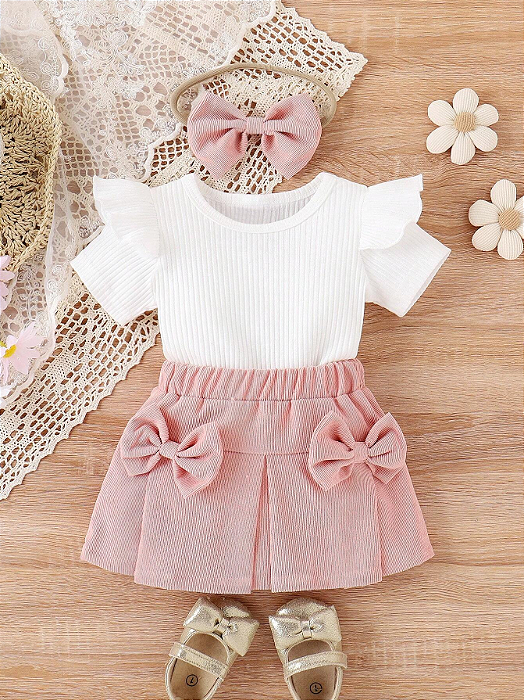 Roupa de verão para bebê menina - blusa doce de manga curta com babados, decoração de laço e conjunto de saia