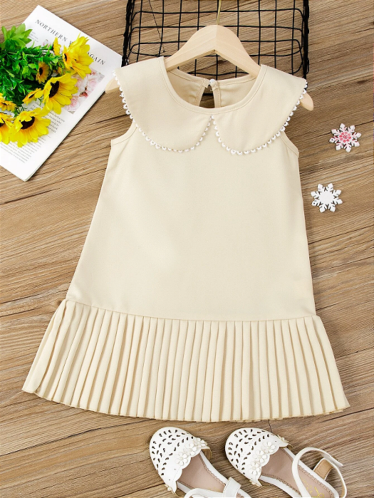 Vestido Com Colarinho Peter-pan E Bainha Plissada Para Jovem Menina
