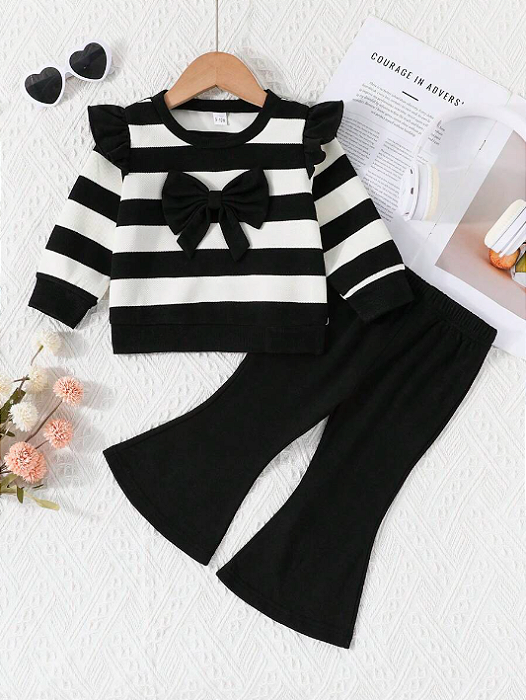 Conjunto Top de Manga Longa com Gola Triband e Decoração de Laço e Calça Flare de Cor Sólida para Menina