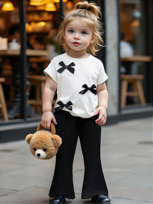 O conjunto de alça com babado e calça comprida com cintura elástica para bebê menina