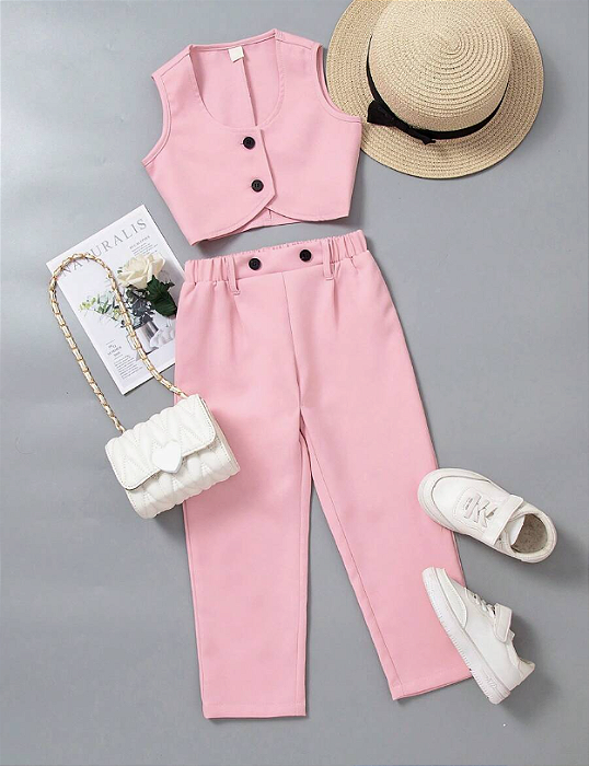 Conjunto de Jaqueta de Colete Curto e Calça de Terno Casual e Fashion para Jovens Meninas