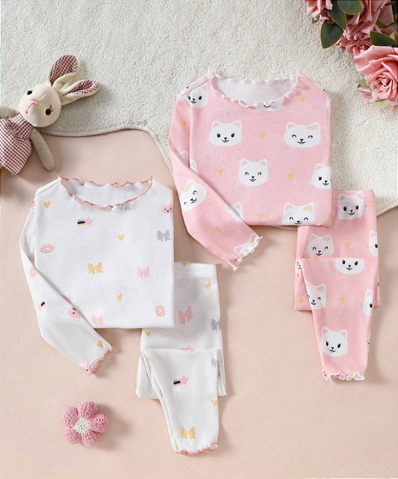 4 Peças Conjunto Macio e Confortável de Roupa de Casa com Top de Manga Longa de Gola Redonda e Calça, Estampa de Gato Fofa com Babado para Bebê Menina