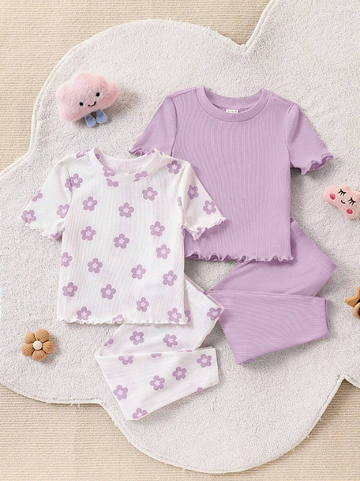 4 Peças Conjunto de Pijama de Bebê Menina com Calça de Babado em Estampa de Flor de Manga Curta + Terno Casual Confortável de Cor Sólida para Casa